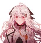  ahoge bangs black_bow blush bow breasts eyebrows_visible_through_hair girls_frontline gloves hair_between_eyes hair_ornament hair_ribbon hairclip hands_together iws-2000_(girls_frontline) jacket long_hair long_sleeves looking_at_viewer military military_uniform red_eyes ribbon shirt sidelocks silence_girl silver_hair simple_background skirt smile solo uniform upper_body white_background white_shirt 