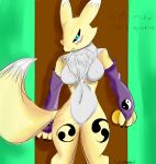  anthro breasts chickenfoot digimon english_text female pussy renamon simple_background solo text 