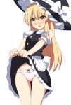  apron ass_visible_through_thighs black_hat black_ribbon black_vest blonde_hair blush bow breasts cameltoe commentary_request cowboy_shot enushi_(toho193) eyebrows_visible_through_hair frilled_apron frills groin hair_between_eyes hair_bow hat hat_bow highres kirisame_marisa lifted_by_self long_hair medium_breasts nose_blush open_mouth panties pink_panties puffy_short_sleeves puffy_sleeves ribbon ribbon_panties shirt short_sleeves simple_background single_sidelock skirt skirt_lift solo standing thighs touhou underwear v-shaped_eyebrows very_long_hair vest waist_apron white_apron white_background white_bow white_shirt witch_hat yellow_eyes 