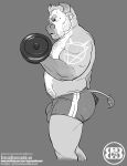  2017 anthro biceps body_hair bovine bruteandbrawn bulge cattle chest_hair clothed clothing dumbbell exercise grey_background greyscale horn male mammal monochrome muscular muscular_male nipples pecs shorts simple_background solo tattoo topless torben weights 