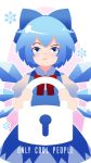  blue_bow blue_eyes blue_hair bow cirno closed_mouth english eyebrows_visible_through_hair hair_bow highres ice ice_wings keyhole lock looking_at_viewer phone_screen phone_wallpaper pun short_hair snowflakes solo touhou wings yoruny 