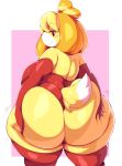  2018 absurd_res animal_crossing anthro arm_warmers armwear big_butt big_thighs border butt canine clothed clothing digital_media_(artwork) dog female hand_on_butt hi_res huge_butt huge_hips hyper isabelle_(animal_crossing) legwear looking_at_viewer looking_back mammal motion_lines nintendo overweight overweight_female rear_view shih_tzu short_stack skimpy slightly_chubby smile solo stockings thick_thighs thigh_highs trinity-fate62 video_games voluptuous white_border wide_hips 