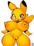  anthro big_breasts big_ears black_eyes blush_sticker breasts buckteeth crotch_tuft dipstick_ears female front_view fur huge_breasts long_ears mammal nintendo nipples nude open_mouth open_smile orange_nipples pikachu pok&eacute;mon pok&eacute;mon_(species) portrait pussy rodent short_stack simple_background smile solo standing teeth thick_thighs thigh_gap three-quarter_portrait video_games white_background wide_hips xylas yellow_fur 