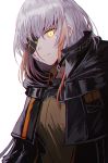  bangs blonde_hair brown_shirt cloak closed_mouth commentary_request corruption expressionless eyepatch girls_frontline highlights jacket m16a1_(girls_frontline) mole mole_under_eye multicolored_hair open_clothes open_jacket sangvis_ferri scar scar_across_eye shirt sidelocks silence_girl simple_background spoilers two-tone_hair upper_body white_background white_hair yellow_eyes 