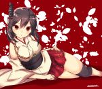 :o black_hair blush breasts detached_sleeves hair_ornament highres kantai_collection knee_pads large_breasts looking_at_viewer lying miniskirt momiji_(103) nontraditional_miko on_side red_background red_eyes red_skirt ribbon-trimmed_sleeves ribbon_trim short_hair skirt solo yamashiro_(kantai_collection) 