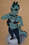  2017 ankh bea_(nitw) boots bra bracelet breasts choker cigarette clothing crocodile crocodilian female fluff-kevlar footwear green_skin jeans jewelry looking_at_viewer night_in_the_woods pants red_eyes reptile scales scalie small_breasts smoking underwear 