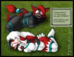  2018 anthro bdsm bondage bound breasts duo english_text female gag hair hogtied long_hair lycanroc mammal midnight_lycanroc nintendo nude outside pok&eacute;mon pok&eacute;mon_(species) ring_gag text tydrian video_games zoroark 