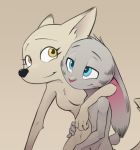  2018 anthro anthro_on_anthro arctic_fox black_nose blue_eyes breasts canine casual_nudity chest_tuft disney duo ears_down eyelashes featureless_breasts female fox fur half-closed_eyes humanoid_hands inner_ear_fluff interspecies jack_savage lagomorph long_ears looking_away male male/female mammal nude pink_nose qrog rabbit simple_background skye_(zootopia) smile tan_background tan_fur tuft yellow_eyes zootopia 