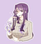  artist_name bandaid bandaid_on_arm beige_sweater caffe0w0 commentary cropped_torso cuts doki_doki_literature_club english_commentary eyebrows_visible_through_hair flower gradient gradient_background hair_in_mouth hair_ornament hairclip hand_in_hair hand_up injury lily_(flower) long_hair long_sleeves looking_at_viewer object_namesake outline purple_background purple_eyes purple_hair ribbed_sweater scar simple_background sleeve_rolled_up solo sparkle sweater upper_body white_outline yuri_(doki_doki_literature_club) 