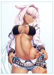  1girl animal_ears arata ass_visible_through_thighs bangs bead_necklace beads bikini black_bikini blue_border blue_eyes blue_shorts border breasts caenis_(fate) covered_nipples dark_skin dog_tags eyebrows_visible_through_hair fate/grand_order fate_(series) hair_flaps hair_intakes hairband highleg highleg_bikini jacket jewelry large_breasts long_hair looking_at_viewer low_ponytail necklace open_clothes open_jacket pink_hair short_shorts shorts solo swimsuit tattoo very_long_hair white_hair white_jacket 