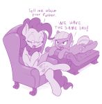  2018 angry cutie_mark dialogue dstears duo earth_pony english_text equine female feral friendship_is_magic hair horse limestone_pie_(mlp) mammal monochrome my_little_pony pinkie_pie_(mlp) pony simple_background sitting sofa text white_background 