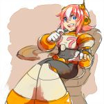  1girl android bangs belt blue_eyes blush bodystocking chair female gloves hair_between_eyes headgear headset multicolored_hair nana_(rockman_x) open_mouth pink_hair rockman rockman_x simple_background sitting smile solo teeth tentokki two-tone_hair white_gloves white_hair 