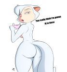  2018 anthro big_butt breasts butt cat cats_don&#039;t_dance clothing dialogue english_text feline female green_eyes half-closed_eyes hi_res holding_object holding_underwear looking_back mammal nude open_mouth panties rear_view sawyer_(cats_don&#039;t_dance) scrabble007 side_boob simple_background solo standing text thick_thighs underwear white_background 