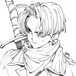  close-up dragon_ball dragon_ball_super frown jacket light_smile looking_away male_focus monochrome neckerchief rheepic simple_background smile solo sword trunks_(dragon_ball) upper_body weapon white white_background 