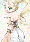  1girl arm_grab armlet ass blonde_hair chrono chrono_trigger commentary_request green_eyes jewelry long_hair marle necklace open_mouth ponytail pov s-a-murai smile 