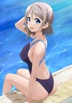  :d ass back bare_shoulders blue_eyes blue_swimsuit blush breasts brown_hair collarbone comiket_94 commentary_request competition_swimsuit hand_on_own_head looking_at_viewer love_live! love_live!_sunshine!! medium_breasts miel_(lessontome) one-piece_swimsuit open_mouth pool poolside ripples short_hair sitting smile solo swimsuit wading watanabe_you water wet wet_clothes wet_swimsuit 