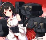  artist_name black_hair blush breasts cannon detached_sleeves hair_ornament highres kantai_collection large_breasts leaning_forward light_smile looking_at_viewer miniskirt momiji_(103) nontraditional_miko red_eyes red_skirt rigging short_hair skirt solo turret yamashiro_(kantai_collection) 