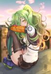  2018 artist_name bangs black_legwear blue_footwear blue_sky blurry blurry_background blush breasts brown_shorts closed_mouth cloud commentary_request depth_of_field eyebrows_visible_through_hair girls_frontline gloves green_gloves green_hair hair_between_eyes head_tilt long_hair long_sleeves looking_at_viewer looking_to_the_side m950a_(girls_frontline) medium_breasts outdoors sheepd shirt shoes short_shorts shorts sitting sky smile solo sunset thighhighs twitter_username two_side_up v very_long_hair white_shirt yellow_eyes 