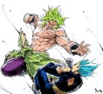  armor battle blank_eyes blue_hair boots broly_(dragon_ball_super) chest clenched_hand clenched_hands commentary dragon_ball dragon_ball_super dragon_ball_super_broly duel dutch_angle evil_smile fingernails gloves green_hair incoming_punch male_focus multiple_boys muscle no_pupils pants profile purple_pants rheepic scar shirtless short_hair simple_background smile spiked_hair super_saiyan super_saiyan_blue symbol_commentary teeth torn_clothes vegeta white_background white_gloves wristband 