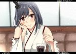  bare_shoulders black_hair blush coffee commentary_request cup detached_sleeves drinking_glass drinking_straw head_rest head_tilt ice kantai_collection letterboxed looking_at_viewer nontraditional_miko red_eyes ribbon-trimmed_sleeves ribbon_trim shohei_(piranha5hk) short_hair smile solo yamashiro_(kantai_collection) 