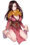  bangs bare_legs barefoot bow breasts brown_eyes brown_hair brown_scarf cleavage closed_mouth commentary_request detached_sleeves dress fire_emblem fire_emblem_heroes fire_emblem_if forehead full_body hair_over_one_eye hair_ribbon head_tilt jurge kagerou_(fire_emblem_if) large_breasts long_hair long_sleeves looking_at_viewer medium_breasts ninja pelvic_curtain pink_dress ponytail red_eyes red_ribbon ribbon sash scarf sitting solo swept_bangs underbust very_long_hair wariza white_bow white_ribbon 