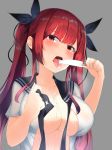  azur_lane bangs black_ribbon blush breasts commentary_request contemporary eyebrows_visible_through_hair food hair_ribbon highres honolulu_(azur_lane) impossible_clothes kapibara_(mc0314) large_breasts long_hair looking_at_viewer no_bra open_clothes open_shirt popsicle red_eyes red_hair revision ribbon school_uniform simple_background twintails untied upper_body 