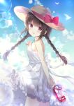  :d absurdres bangs bare_arms bare_shoulders bird blue_sky blush bow braid breasts brown_eyes brown_hair brown_hat bubble cloud commentary_request day dress eyebrows_visible_through_hair fingernails hair_between_eyes hair_bow hat hat_bow head_tilt highres holding holding_shoes long_hair looking_at_viewer looking_to_the_side low_twintails nail_polish open_mouth original outdoors plaid_footwear red_bow red_footwear red_nails saeki_sora shoes shoes_removed sky sleeveless sleeveless_dress small_breasts smile solo sun_hat twin_braids twintails upper_teeth very_long_hair white_bow white_dress 