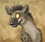  ambiguous_gender anthro black_nose brown_fur conditional_dnp feral fur grimace hyena mammal reaction_image solo spots spotted_fur tani_da_real teeth yellow_eyes 