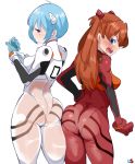  ahoge angry ass ass-to-ass ayanami_rei bangs blue_eyes blue_hair blush bodysuit bracer breasts brown_hair clenched_hand cowboy_shot evangelion:_2.0_you_can_(not)_advance from_behind gloves hair_between_eyes half-closed_eyes headgear highres hips lightsource long_hair looking_at_viewer looking_back multiple_girls neon_genesis_evangelion number open_mouth parted_bangs pilot_suit plugsuit profile rebuild_of_evangelion red_bodysuit red_eyes see-through short_hair sideways_glance signature simple_background skin_tight small_breasts souryuu_asuka_langley standing straight_hair thighs two_side_up v-shaped_eyebrows white_background white_bodysuit 