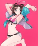  a.i._channel aqua_eyes aqua_jacket armpits arms_up bangs barefoot blush bow bowtie breasts brown_hair cleavage closed_mouth hairband half-closed_eyes highres jacket kizuna_ai looking_to_the_side multicolored_hair navel open_clothes pink_background pink_hairband short_hair short_shorts shorts simple_background smile smug solo streaked_hair swept_bangs wataro_(watawatawatapon) white_bikini_top white_shorts 