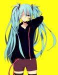  arm_at_side arms_up bandage_on_face bandages black_jacket black_legwear blue_eyes blue_hair commentary_request cowboy_shot expressionless eyebrows_visible_through_hair harusaki_(176biz) hatsune_miku highres jacket long_hair long_sleeves looking_away one_eye_closed red_shorts serious shorts simple_background solo suspenders thighhighs thighs twintails very_long_hair vocaloid yellow_background 