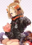  abigail_williams_(fate/grand_order) alternate_hairstyle bandaid_on_forehead bangs belt black_bow black_jacket blonde_hair blue_eyes bow commentary_request fate/grand_order fate_(series) forehead hair_bow hair_bun heroic_spirit_traveling_outfit high_collar holding holding_stuffed_animal jacket long_hair looking_at_viewer orange_bow parted_bangs polka_dot polka_dot_background polka_dot_bow red_footwear sitting sleeves_past_fingers sleeves_past_wrists solo stuffed_animal stuffed_toy teddy_bear tentacles thighs wariza yuzuki_karu 