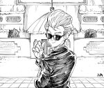  announcer_(dragon_ball) black_shirt building dragon_ball dragon_ball_(classic) dragon_ball_z fingernails formal greyscale highres jacket looking_at_viewer looking_back male_focus monochrome outdoors rheepic shirt short_hair simple_background smile solo suit sunglasses upper_body white white_background 