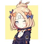  abigail_williams_(fate/grand_order) absurdres alternate_hairstyle bandaid_on_forehead bangs belt black_bow black_jacket blonde_hair blue_eyes blush border bow commentary_request fate/grand_order fate_(series) forehead hair_bow hair_bun heroic_spirit_traveling_outfit high_collar highres index_finger_raised jacket long_hair looking_at_viewer one_eye_closed orange_bow parted_bangs polka_dot polka_dot_bow simple_background sleeves_past_fingers sleeves_past_wrists smile solo white_border yaodoutuyao yellow_background 