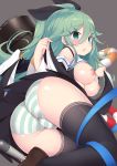  ass black_bow black_legwear black_ribbon blue_ribbon blush bow breasts cameltoe commentary_request detached_sleeves eyebrows_visible_through_hair green_eyes green_hair grey_background hair_between_eyes hair_bow hair_ornament hair_ribbon hairclip highres kantai_collection lifebuoy loafers long_hair looking_at_viewer medium_breasts nipples no_bra open_mouth panties pleated_skirt ponytail ribbon school_uniform shoes simple_background skirt solo striped striped_panties thighhighs torpedo underwear watanon_(gakushokutei) yamakaze_(kantai_collection) 
