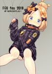  abigail_williams_(fate/grand_order) alternate_hairstyle bandaid_on_forehead bangs belt between_legs black_bow black_jacket blonde_hair blue_eyes blush bow commentary_request fate/grand_order fate_(series) forehead grey_background hair_bow hair_bun hand_between_legs hayosena heroic_spirit_traveling_outfit high_collar holding jacket long_hair looking_at_viewer nail_polish open_mouth orange_bow orange_nails parted_bangs polka_dot polka_dot_bow simple_background sitting sleeves_past_fingers sleeves_past_wrists solo string thighs 