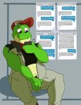  2019 amphibian anthro bulge clothing digital_media_(artwork) dirty_talk english_text frog hair hat hi_res jumpsuit male musclegut muscular muscular_male nintendo overweight penis pinup pose simple_background slightly_chubby slippy_toad smile solo star_fox sylvanedadeer text text_message torn_clothing video_games 