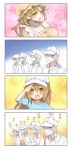  &gt;o&lt; 4boys 4koma apron arashiya arms_up baseball_cap black_eyes blood bloody_weapon blue_shirt blush blush_stickers breasts brown_eyes brown_hair bubble_background cheering cleaver clenched_hands collared_shirt comic gaijin_4koma hair_between_eyes hair_over_eyes hair_over_one_eye hand_on_own_cheek hat hataraku_saibou heart highres large_breasts light_brown_eyes light_brown_hair long_hair macrophage_(hataraku_saibou) mob_cap multiple_boys multiple_girls open_mouth platelet_(hataraku_saibou) pointing salute shirt short_hair short_sleeves sparkle_background t-shirt u-1146 u-2048 u-2626 u-4989 upper_body weapon white_blood_cell_(hataraku_saibou) white_hair 