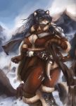  anthro armor axe big_breasts breasts cleavage clothed clothing feline female fur green_eyes grey_fur horn leather leather_armor leopard mammal melee_weapon merrunz mountain multicolored_fur scarf snow snow_leopard spots tree two_tone_fur weapon whiskers 