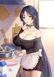  1girl apron bad_perspective bangs bare_shoulders black_choker blue_eyes blue_hair breasts chocolate choker cleavage collarbone cooking dress error_dot fate/grand_order fate_(series) finger_to_mouth frilled_apron frills huge_breasts indoors kitchen long_hair looking_at_viewer milk_carton minamoto_no_raikou_(fate/grand_order) no_bra off-shoulder_sweater off_shoulder parted_bangs parted_lips ribbed_sweater smile solo sweater sweater_dress valentine very_long_hair waist_apron white_apron window 