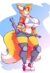  2018 absurd_res anthro big_breasts blue_eyes breasts canine clothed clothing crossgender dipstick_tail eyewear female footwear fox gloves goggles hi_res holding_object jaeh legwear mammal miles_prower multi_tail multicolored_tail navel nipple_bulge signature small_head solo sonic_(series) tools wrench 