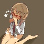  1girl barefoot blonde_hair blush bottomless braid eyes_closed feet fellatio glasses masturbation necktie ootorii_bisetsu oral original penis pubic_hair sitting solo_focus twin_braids wariza 