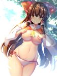  absurdres armpits ascot ass_visible_through_thighs bare_shoulders belly bikini bikini_bottom blush bow breasts brown_hair clenched_hands commentary_request curvy detached_sleeves dutch_angle groin hair_bow hair_ribbon hair_tubes hakurei_reimu highres large_breasts lifted_by_self liya looking_at_viewer navel outdoors revision ribbon shiny shiny_skin side-tie_bikini sidelocks stomach sunlight swimsuit thigh_gap thighs touhou tree wide_sleeves 