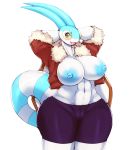  2018 anthro areola big_breasts blue_nipples breasts clothed clothing fan_character female flygon hands_behind_head hi_res jacket looking_at_viewer matospectoru muscular muscular_female nintendo nipples pok&eacute;mon pok&eacute;mon_(species) pok&eacute;morph shorts skyla_the_flygon small_head smile solo topless video_games voluptuous wide_hips wings 