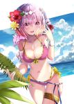  anklet bikini breasts cleavage commentary_request cowboy_shot fate/grand_order fate_(series) flower fou_(fate/grand_order) hair_flower hair_ornament hair_over_one_eye hibiscus highres jewelry large_breasts lavender_hair looking_at_viewer mash_kyrielight navel purple_eyes sho_(runatic_moon) smile solo swimsuit 