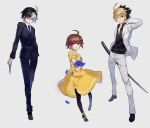  2boys ahoge alternate_costume black_hair black_legwear black_suit blonde_hair blue_flower blue_rose bow brown_hair dress flower formal grin hand_behind_head highres holding holding_flower holding_knife hyde_(under_night_in-birth) katana knife linne looking_at_viewer multicolored_hair multiple_boys necktie no_shoes one_eye_closed pantyhose parted_lips partially_unbuttoned petals qitoli rose rose_petals seth_(under_night_in-birth) sheath sheathed short_hair single_strap smile suit sword two-tone_hair under_night_in-birth weapon white_hair white_suit wing_collar yellow_bow yellow_dress 