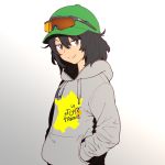  andou_(girls_und_panzer) bangs black_hair brown_eyes casual closed_mouth commentary_request dark_skin drawstring eyewear_on_head france girls_und_panzer gradient gradient_background green_hat grey_background grey_shirt hands_in_pockets hat highres hood hoodie long_sleeves looking_at_viewer medium_hair messy_hair onsen_tamago_(hs_egg) print_shirt shirt smile solo standing sunglasses tour_de_france upper_body v-shaped_eyebrows 