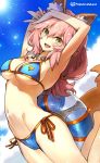  animal_ear_fluff animal_ears armpits arms_up bangs bare_shoulders bikini blue_bikini blue_sky blush breasts cameltoe cleavage cloud collarbone commentary_request day fate/extra fate/grand_order fate_(series) fox_ears fox_tail hair_between_eyes hips innertube jewelry jumping large_breasts long_hair looking_at_viewer navel necklace open_mouth pink_hair sky smile solo sunlight super_zombie swimsuit tail tamamo_(fate)_(all) tamamo_no_mae_(swimsuit_lancer)_(fate) thighs yellow_eyes 