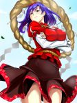  arms_under_breasts blouse breast_hold breasts brown_skirt commentary_request crossed_arms hair_ornament hokkoru impossible_clothes impossible_shirt large_breasts leaf leaf_hair_ornament long_skirt looking_at_viewer looking_down maple_leaf purple_hair red_blouse red_eyes rope shide shimenawa shirt short_hair skirt solo touhou white_sleeves yasaka_kanako 