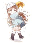  1girl :o arm_up bangs black_footwear blue_shirt blush boots brown_eyes brown_hair brown_shorts character_name clothes_writing eyebrows_visible_through_hair flag flat_cap gomzi hair_between_eyes hat hataraku_saibou holding holding_flag knee_boots long_hair open_mouth platelet_(hataraku_saibou) shirt short_sleeves shorts signature solo standing standing_on_one_leg very_long_hair white_background white_hat 